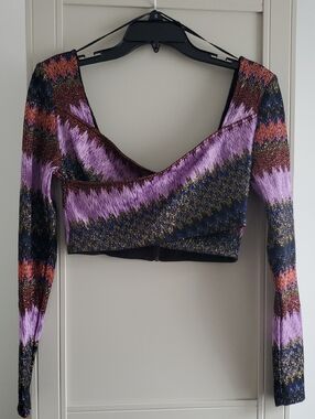 Ramy Brook Purple Chevron Metallic Long-Sleeve Crop Top